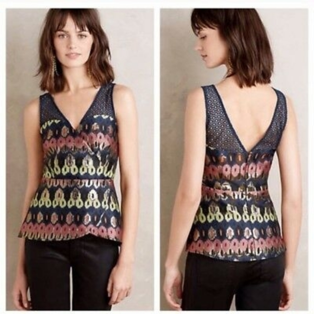 Anthropologie HD in Paris Jacquard Peplum Top Sz 2